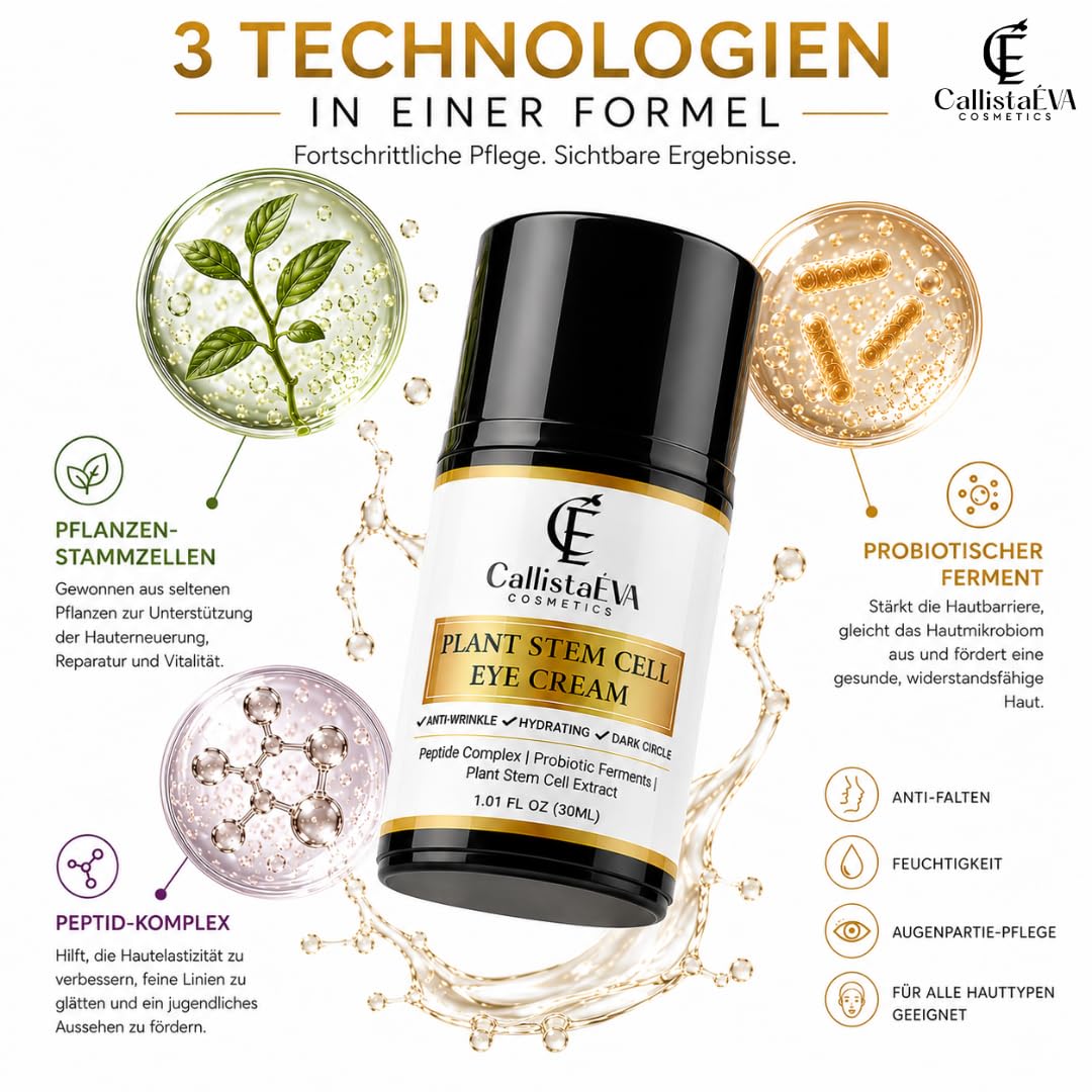 Stammzellen Augencreme - Made in Germany – Anti-Aging Augenpflege gegen Augenringe, Schwellungen & Falten – Mit Peptiden, Probiotic Ferments, Allantoin, Hyaluron, Alle Haupttypen– 15ml