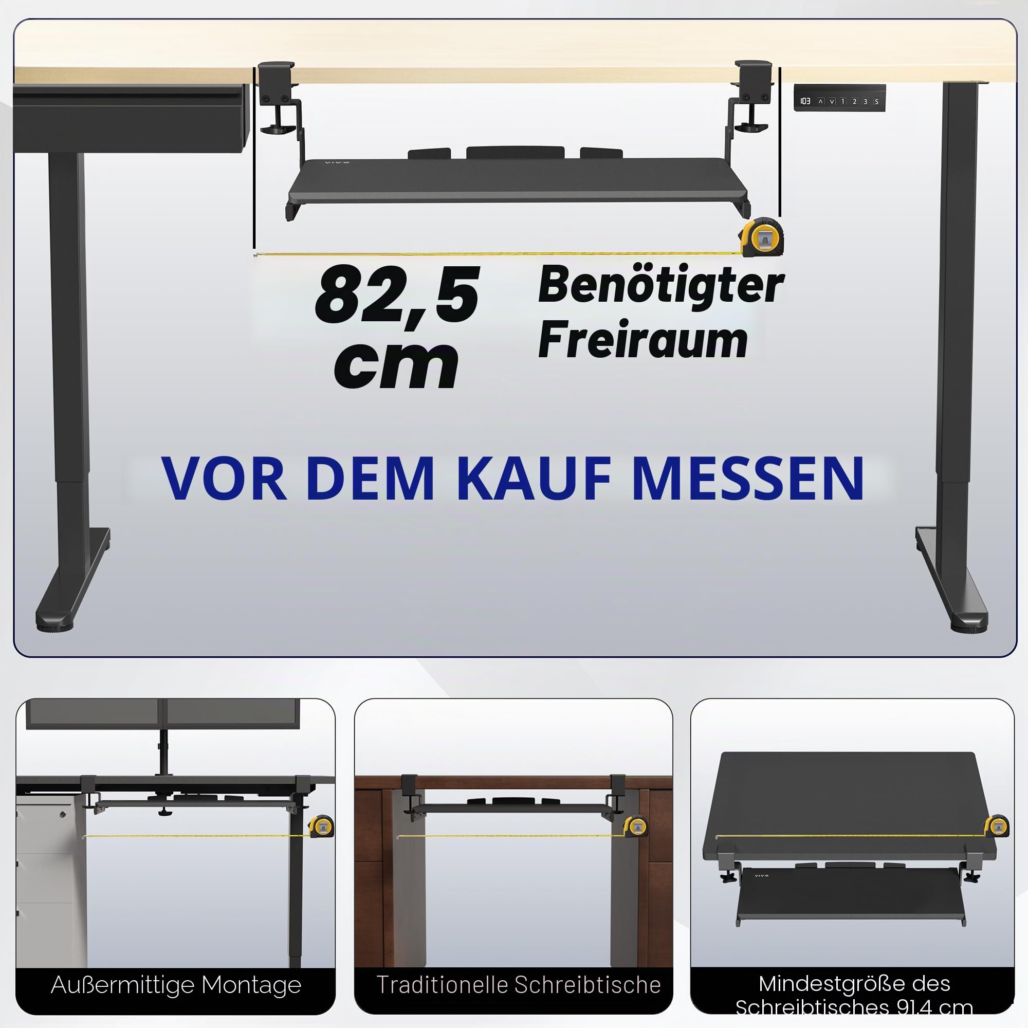 VIVO MOUNT-KB05HB Große Höhenverstellbare Tastaturablage unter dem Schreibtisch, C-Klemmen-Halterungssystem, 68 cm (33 inkl. Klemmen) x 27,9 cm, ausziehbare Plattform, Computer-Schublade zum Tippen,