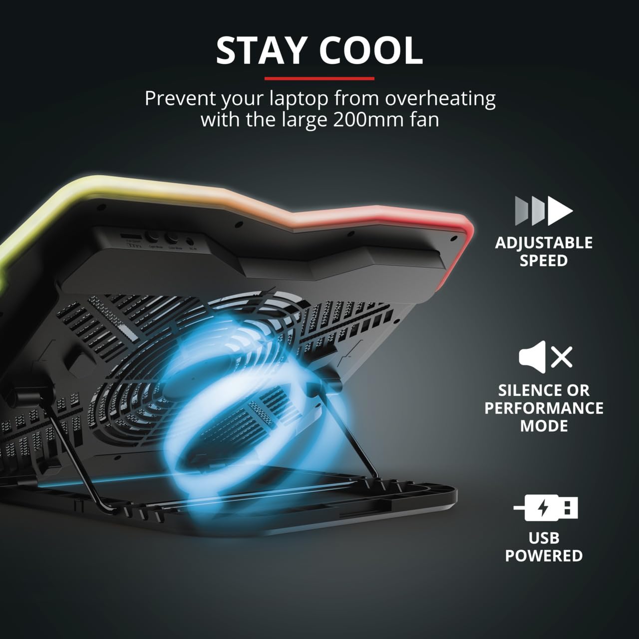 Trust Gaming GXT 1126 Aura Wielokolorowy podświetlany stojak chłodzący do laptopów o przekątnej do 43.9 cm, chłodziarka do laptopa z regulowaną prędkością, tryb ciszy, zasilanie USB do gier, czarny
