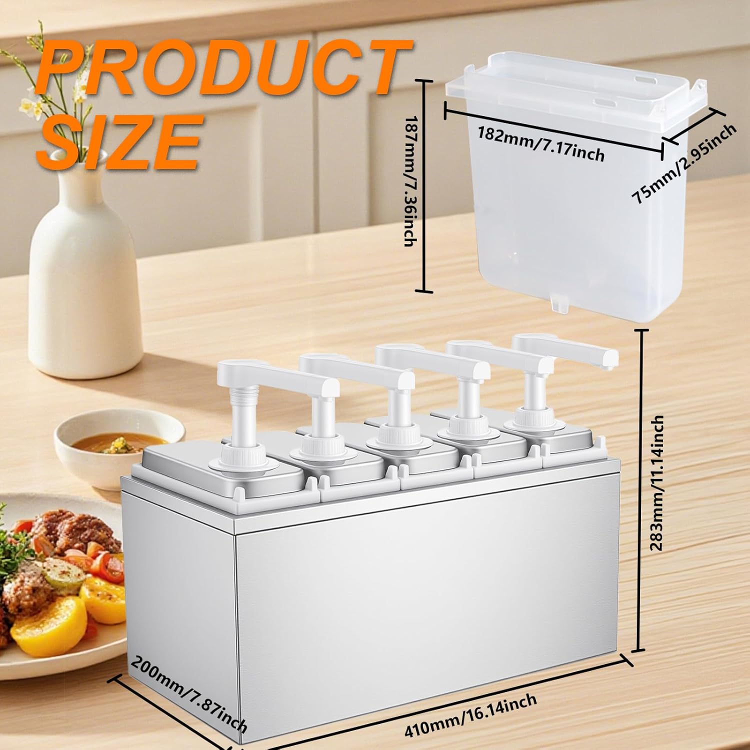 Condiment Dispenser Pump - Large Capacity Detachable Syrup Pump with Measuring Cup, Leak-Proof Design for Sauce, Honey, Mustard, Cheese, BBQ (5 Pump Head, 1.06 QT Each)