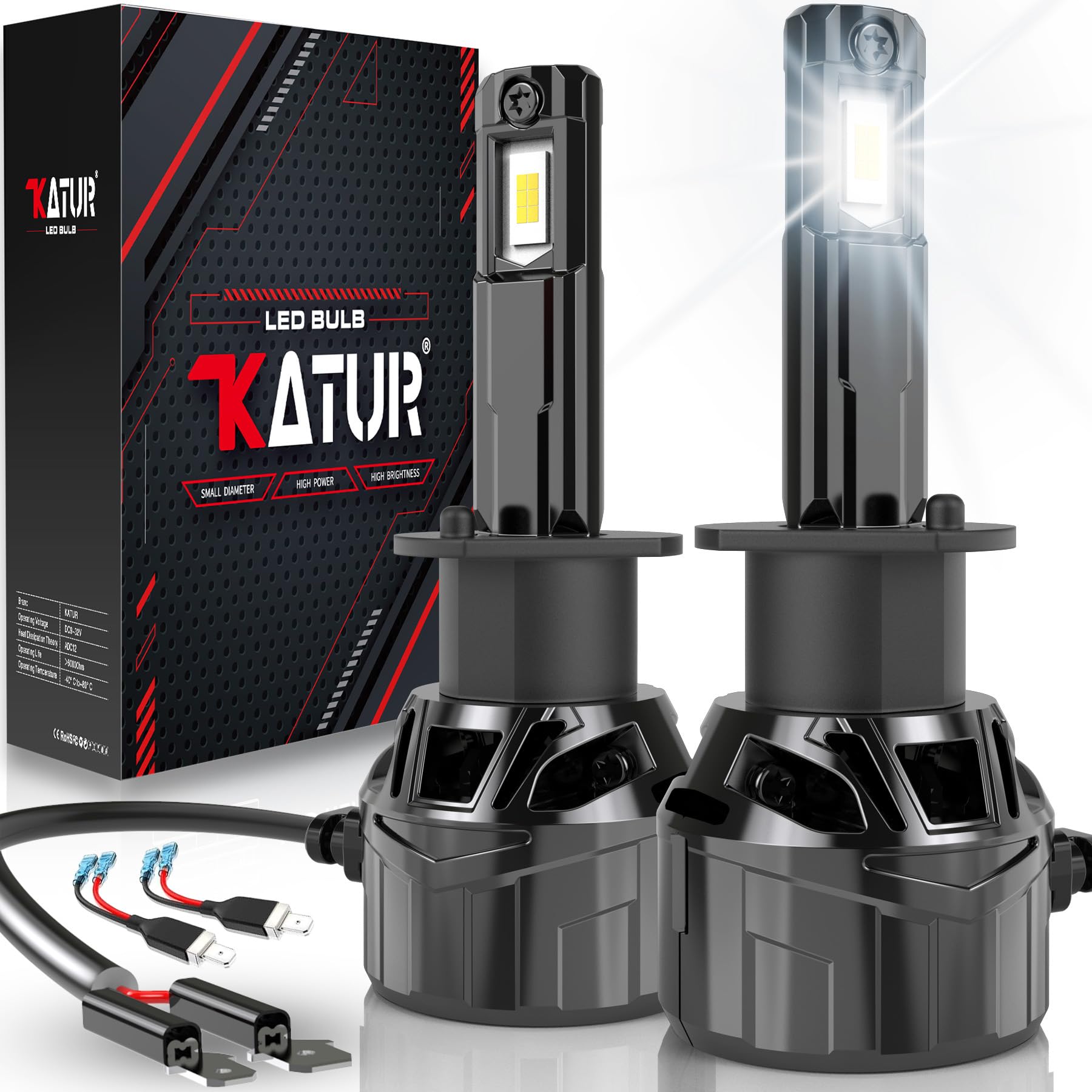 Żarówka H1 LED 32000LM 700% Jaśniejsza, KATUR 120W Żarówka LED H1 6000K Biała Ksenonowa Plug and Play Miniaturowy Rozmiar 1:1 Żarówki H1 LED do Samochodu, Zestaw 2 szt.