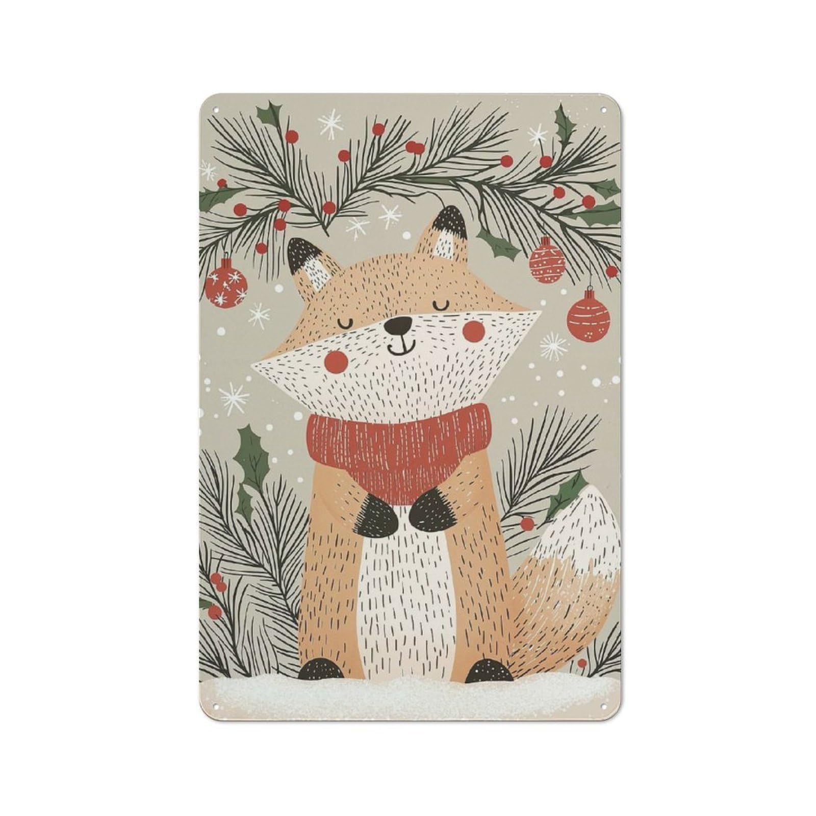 Junmoney Christmas Fox Illustration Rustic Tin Sign 30X20cm Featuring For Bar Or Restaurant, A Housewarming Gift For Bar Decor Enthusiasts