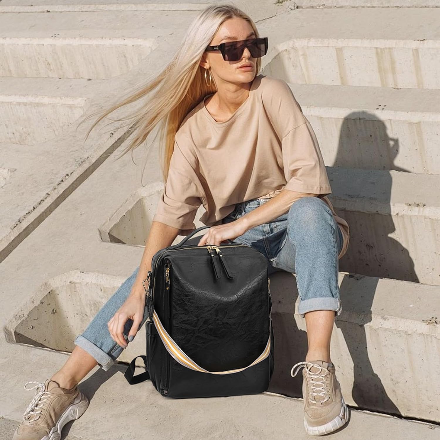 GAEKEAO Backpack Purse for Women 15.6 inch Laptop Backpack PU Leather Convertible Travel Backpacks Fashion Designer Handbag Ladies Shoulder Bags Black - Image 2