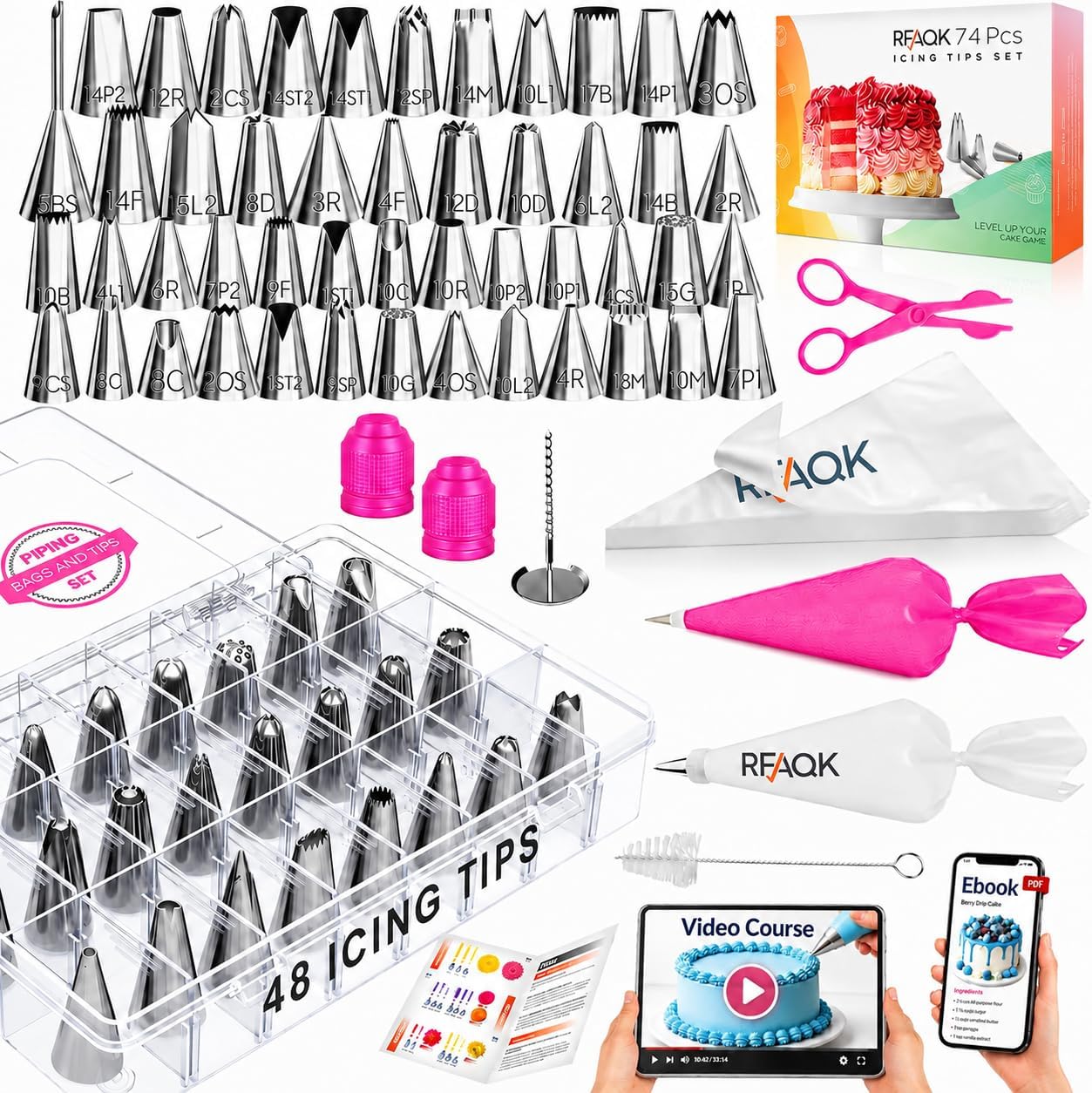 RFAQK 74PCs Icing Piping Bags and Tips Set for Beginners to Decorate Cake | 48-Numbered Piping Tips include Large Icing Tips, Anti-Burst Pastry Bags, Complete Video Course, Ebook, Patterns Booklet