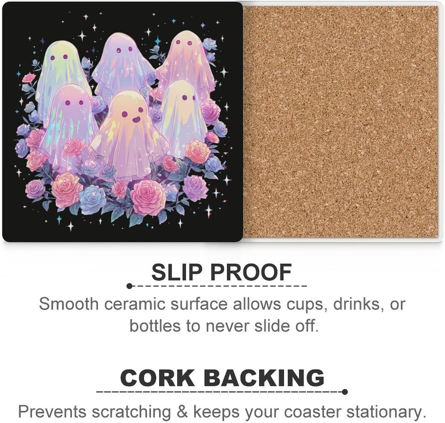 Cute Ghost Coaster for Drinks Square Ceramic Table Coasters Stone Mat Crafts 6PCS Home Kitchen Decor