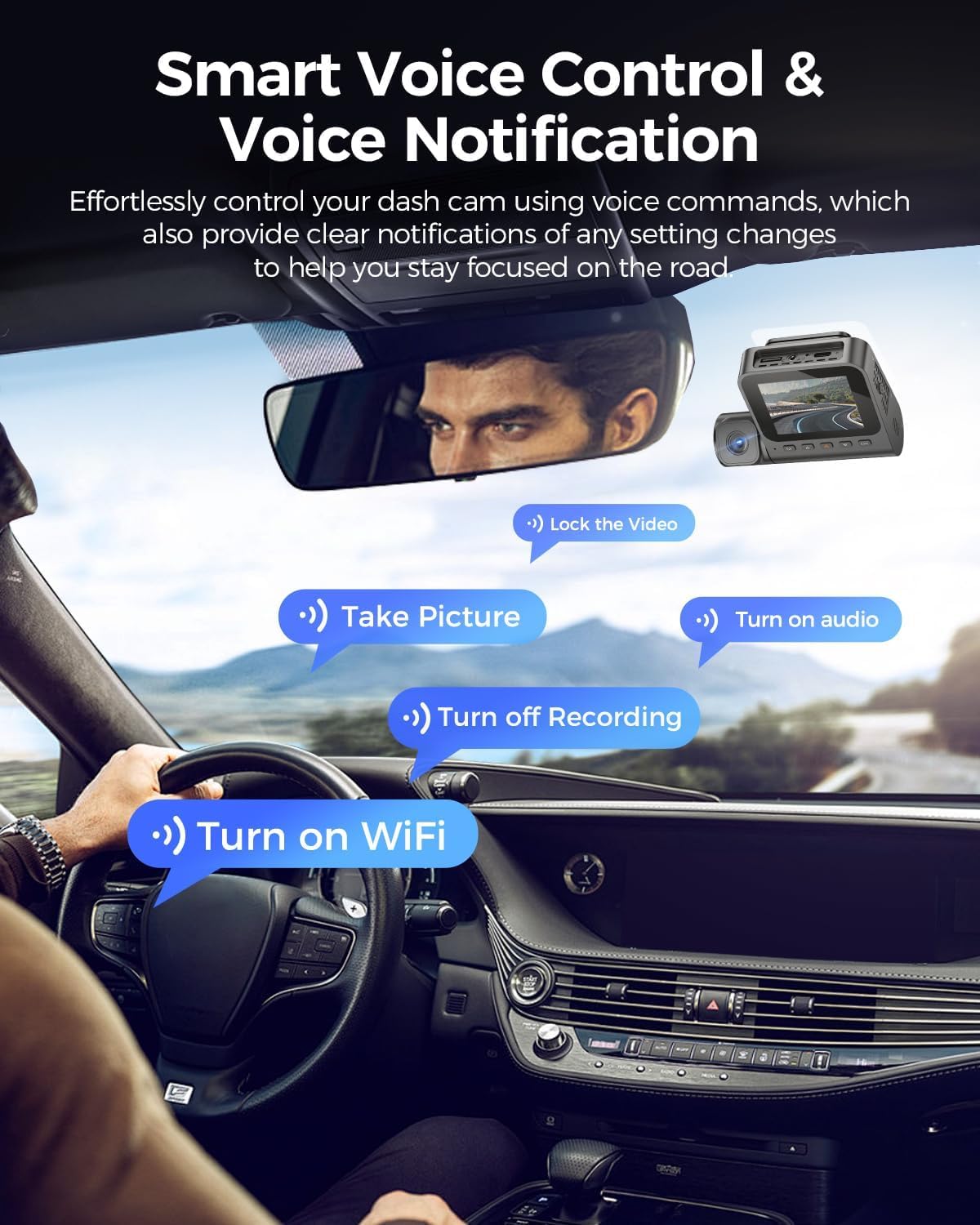 Cámara de Coche WiFi GPS 4K de 3 Canales, 4K+1080P+1080P Dashcam Camara Coche con Visión Nocturna IR, Control de Voz, Tarjeta SD de 64GB, Pantalla IPS de 2.4", Monitor de Aparcamiento 24H V630