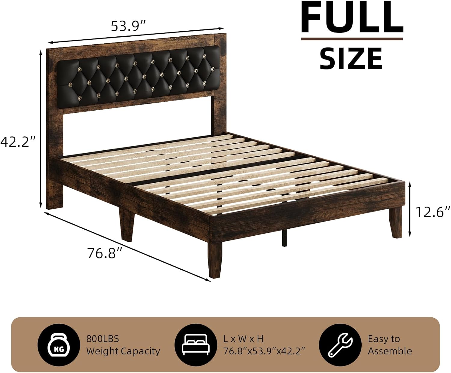 BarnFurin Full Size Bed Frame with Headboard, Upholstered Platform Bed Frame with Diamond Design,Vintage Style, Strong Wooden Slat Support, No Box Spring Needed, Walnut