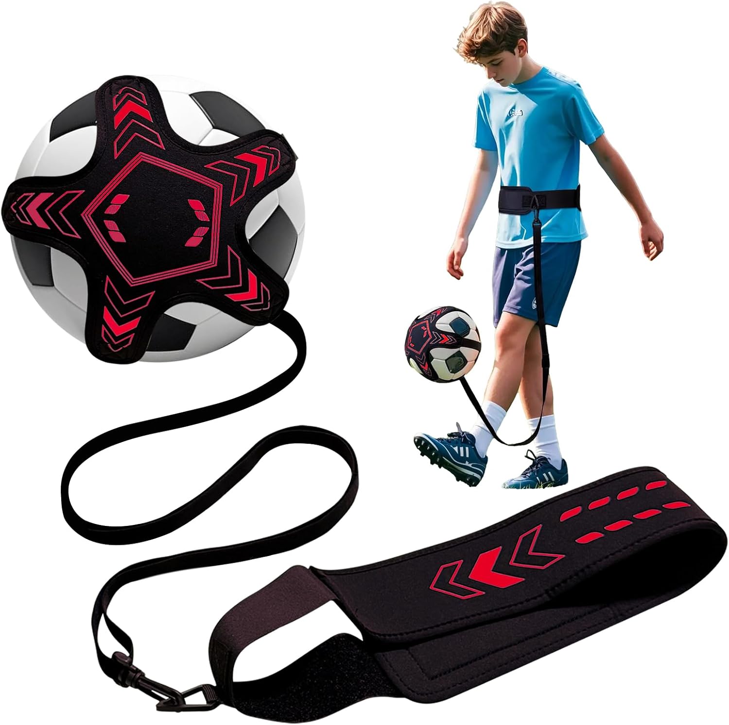 Soccer Training Equipment Football Kick Solo Trainer Adjustable Waist Belt Elastic Rope, Aids Hands Free Throw Sole Practice Fits Ball 3, 4, 5 and Volleyball Rugby (Red)