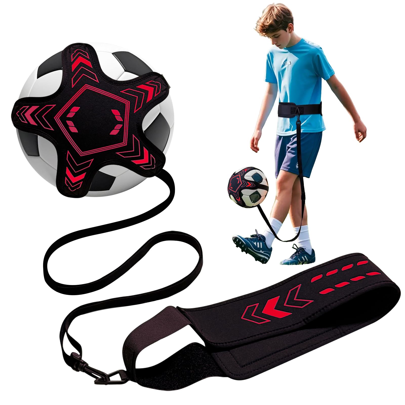 PESAKE Soccer Training Equipment Football Kick Solo Trainer Adjustable Waist Belt Elastic Rope, Aids Hands Free Throw Sole Practice Fits Ball 3, 4, 5 and Volleyball Rugby (Red)