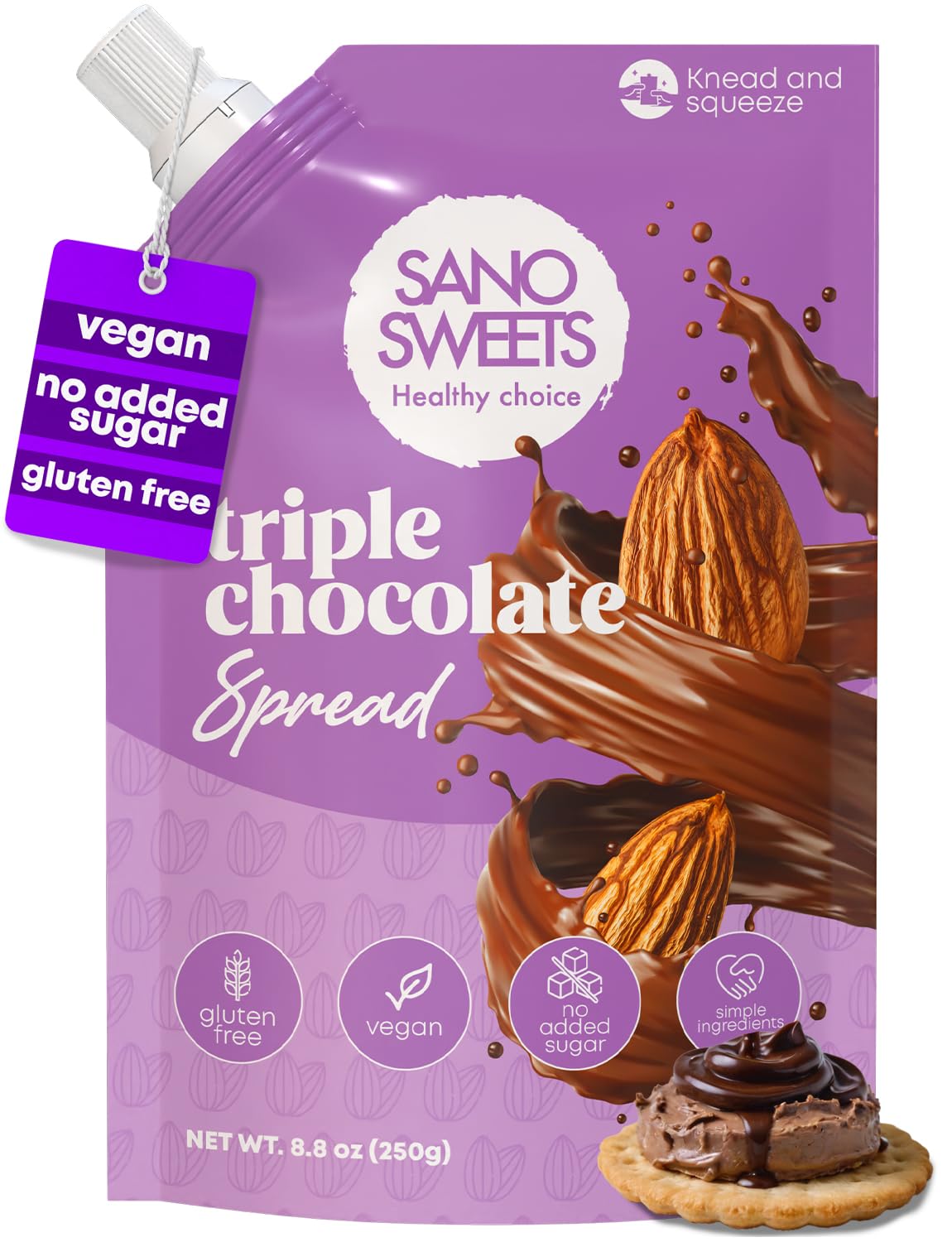 Vegan chocolate spread sugar free triple chocolate low carb dessert healthy snack no added sugar gluten free dairy free avocado oil natural ingredients palm oil free creamy texture sano sweet
