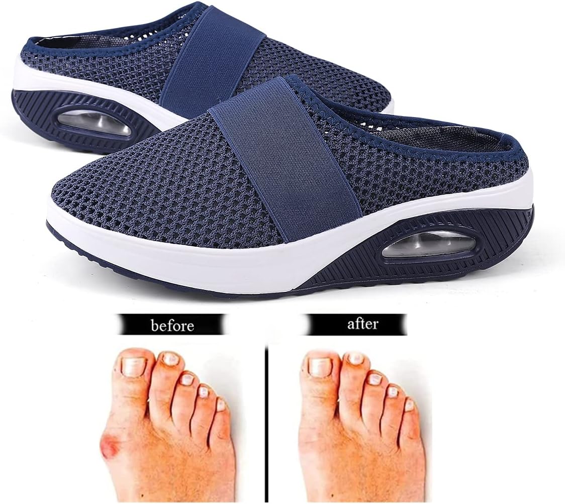 Women's Air Cushion Slip-On Walking Shoes, Orthopedic, Diabetic, Plantar Fasciitis Relief, Wedge Heel, Dark Blue, Size 8-12