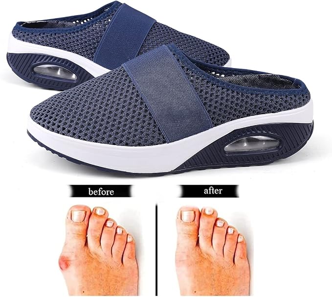 Women's Air Cushion Slip-On Walking Shoes, Orthopedic, Diabetic, Plantar Fasciitis Relief, Wedge Heel, Dark Blue, Size 8-12