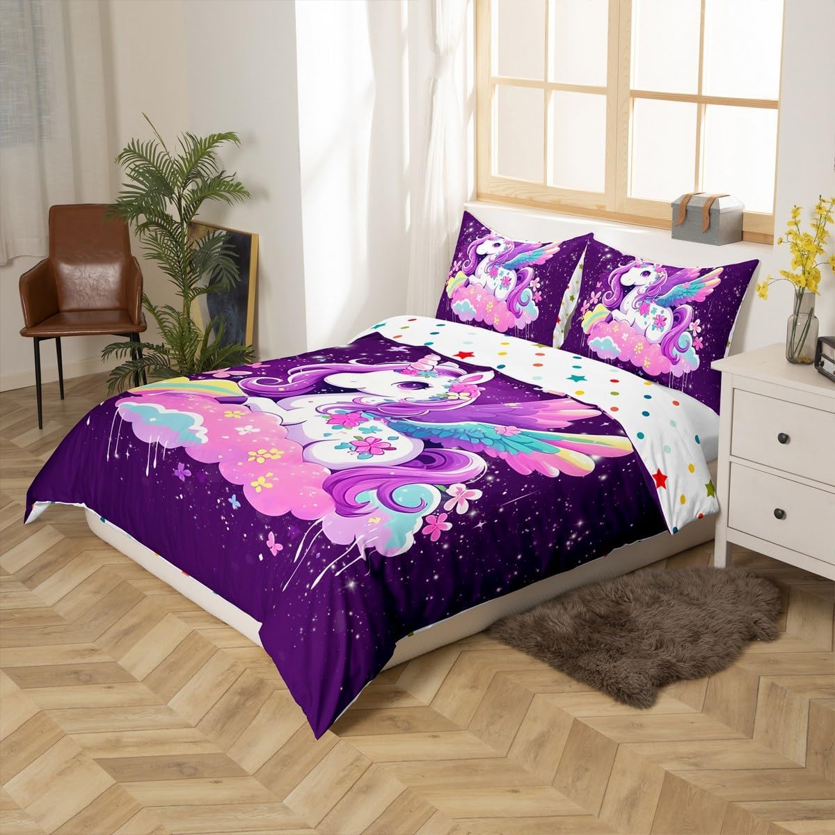 Erosebridal Girls Magical Unicorn Bedding Sets Toddler Purple Cute Cartoon Comforter Cover Kawaii Butterfly Decor Duvet Cover Clouds Glitter Stars Quilt Cover Room Decor 1 Pillow Case