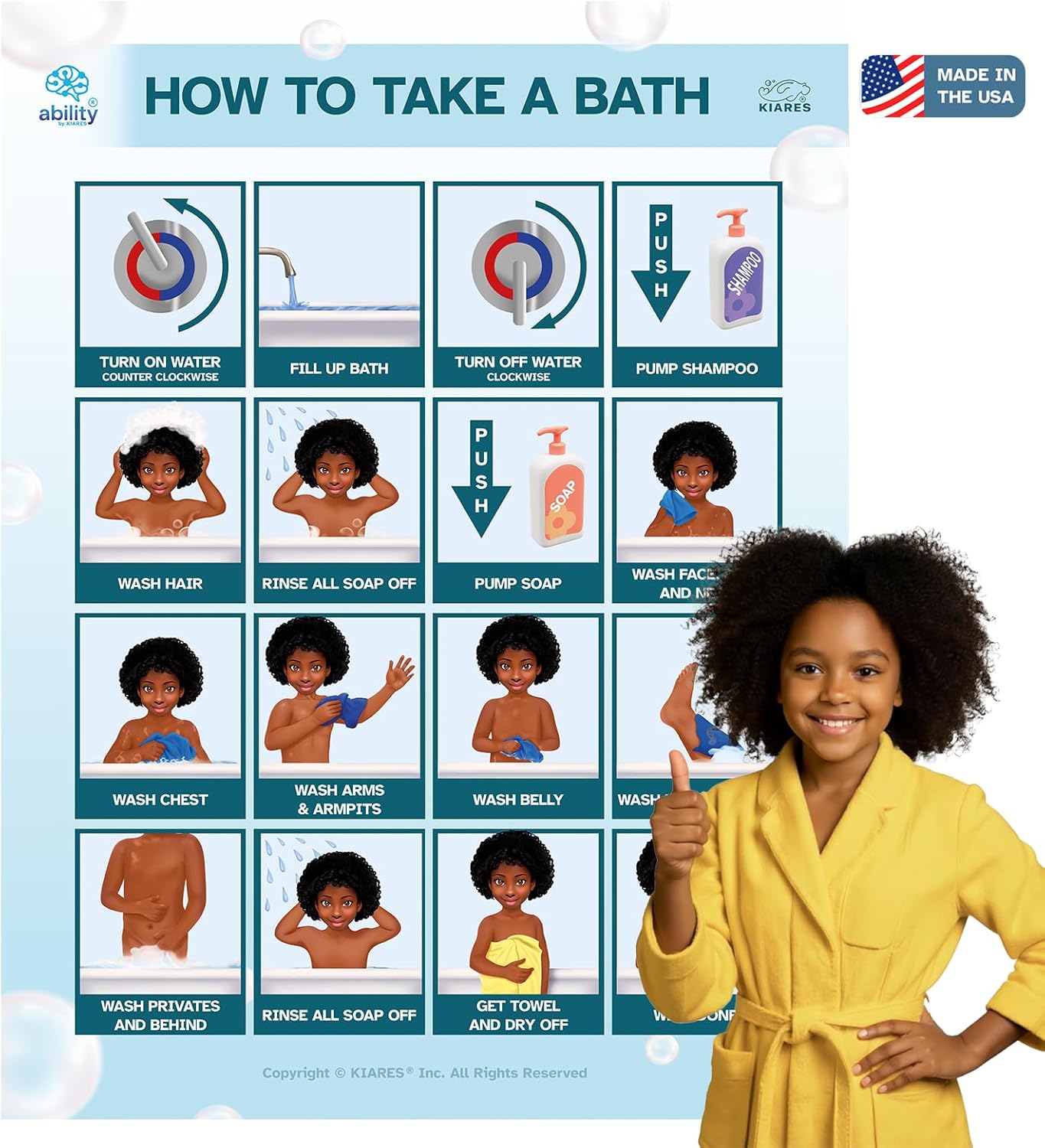 Shower Chart for Kids- Sticker Poster Steam-Safe, Step-by-Step Visual Schedule in 16 ethnicities (African American Girl)