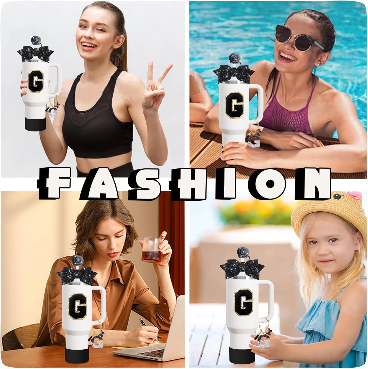 8PCS Cup Accessories Set for Stanley Cup 30oz 40oz tumbler with handle,Including Silicone Straw Topper Cover Cap and Boot,Spill Proof Stopper,Handle Charm,Initials Sticker (Black rose G) - Image 6