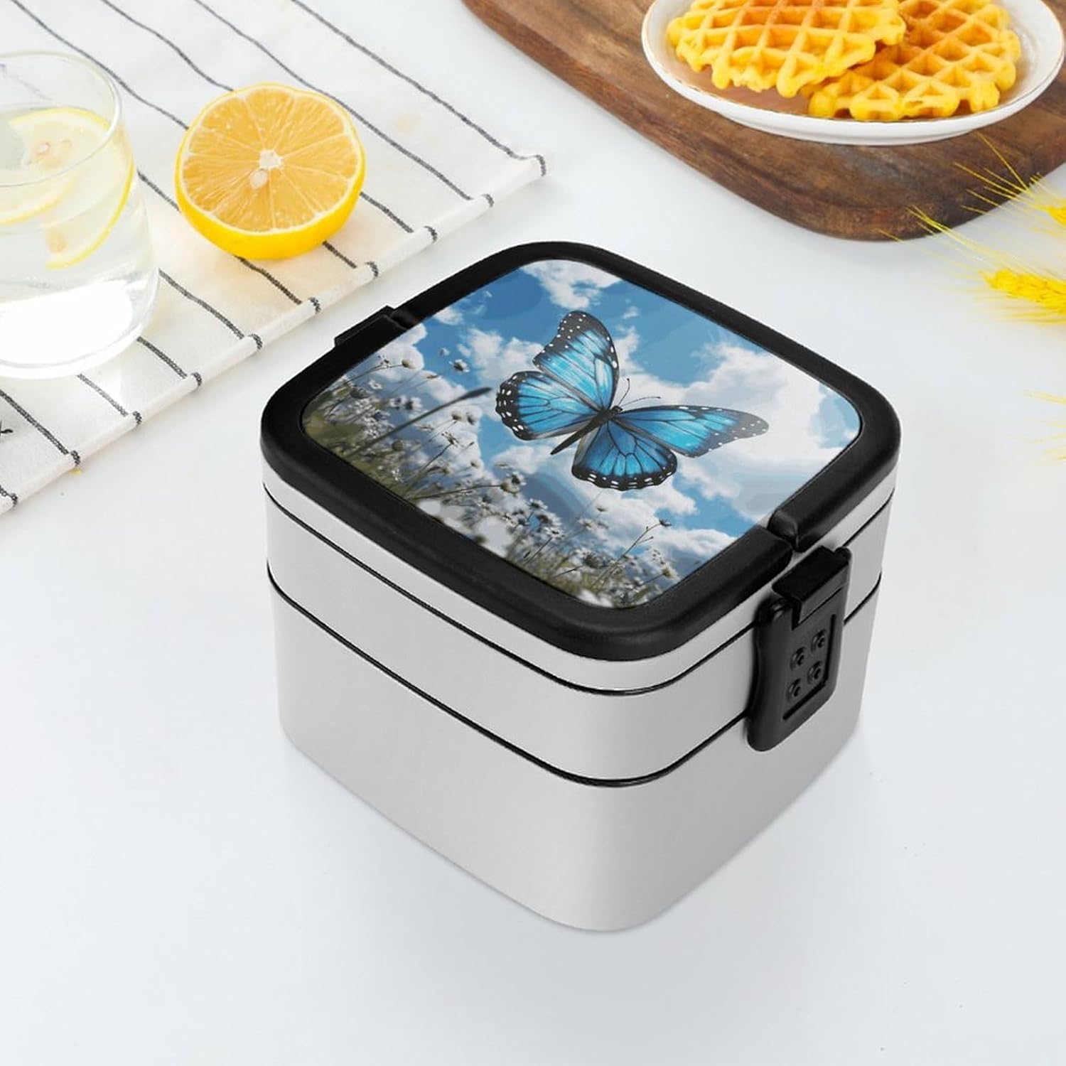 Blue Butterfly And Clouds Bento Box Sealed Leakproof Double Layer Lunch Box Portable Bento Boxes With Handle For Office Camping Travel