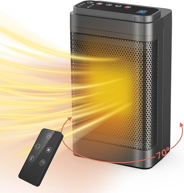 Portable Space Heater 1500W with Remote Control, PTC Ceramic Energy efficient Heaters 3 Mode 3 Speed 70° Oscillating,Overheating & Tip-Over Protection, Electric Fan Heaters for Home Low Energy Silent