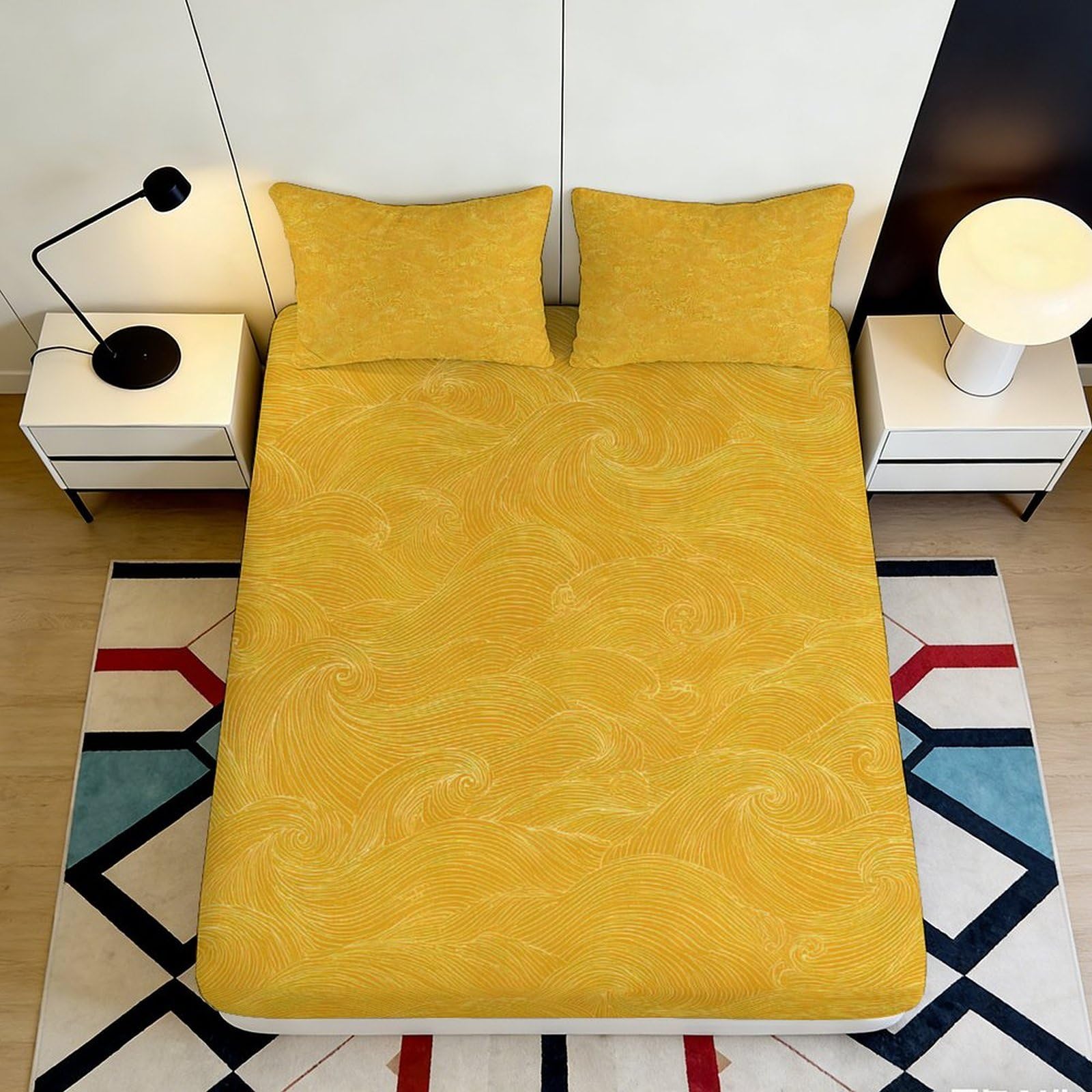 3D Printed Golden Swirl Fitted Sheet Microfiber Soft Breathable Abstract Wave Mattress Cover for Bedroom Home Decor 90x200x25cm