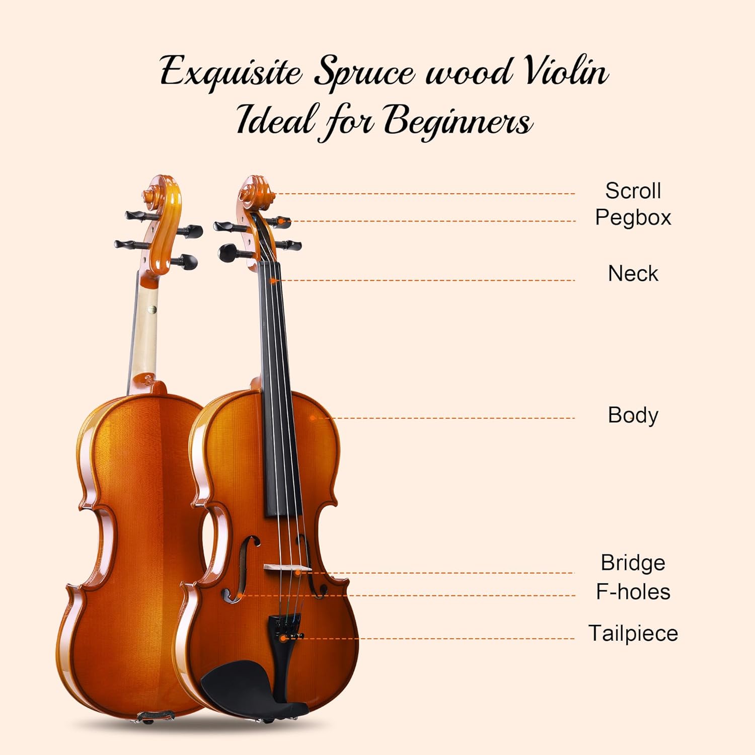 ADM Acoustic Violin for Beginner 4/4 Full Size Violin Set Solid Wood for Adult Teen Student Starter Kit with Tuner, Case, Shoulder Rest, Bow, Music Stand, Strings, Free Lessons,Yellow Brown
