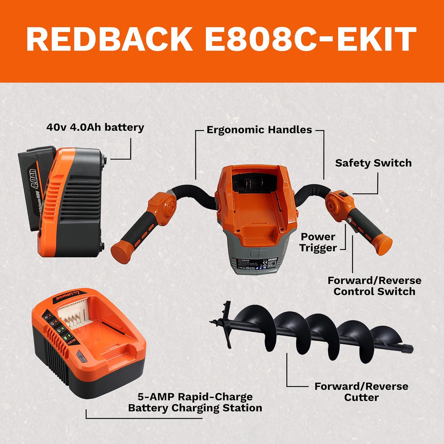 Redback E808CEKIT 40V Earth Auger Cordless Post Hole Digger for Fence Post Ground Hole and More Digging Machine with Brushless Motor 4Ah Battery and 5A Charger : Patio, Lawn & Garden