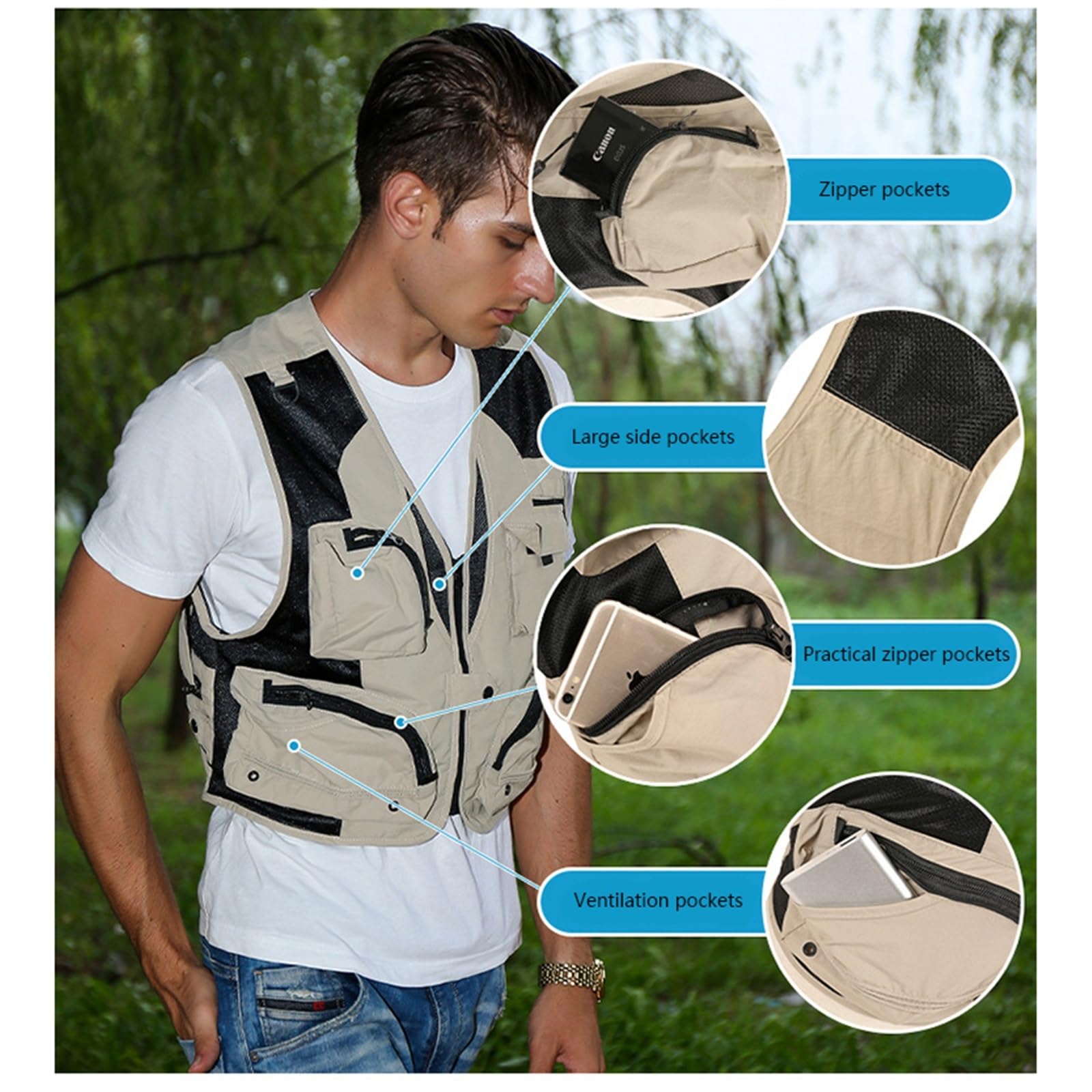 CLSQLXYJZC Chaleco Pesca Para Hombre, Chaleco De Fotografía Sin Mangas Transpirable De Malla Multibolsillos Verano Para Hombre, Chaqueta Con Cuello En V, Resistente Impermeable Cremallera