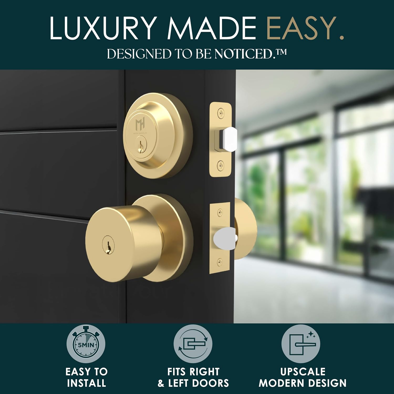 Buena Entry Door Knob & Deadbolt Gold (1-Pack) - Keyed Combo | Solid Zinc Alloy, Satin Brass Gold, Modern Round Knob, Rectangular Rosette, Reversible Left or Right