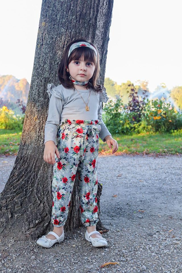 Image of YALLET 3Pcs Toddler Girl Clothes Solid Color Long Sleeves Ruffle Top+Floral Pants+Headband 1-6 Years Fall /Winter Outfits Set