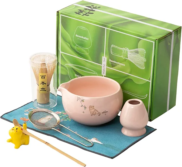 Matcha whisk 7-piece set,Pink Matcha Set， matcha bowl with nozzle, matcha whisk stand, spoon, stainless steel sieve, cloth mat, spoon stand, is a home kitchen decoration gift (pink)