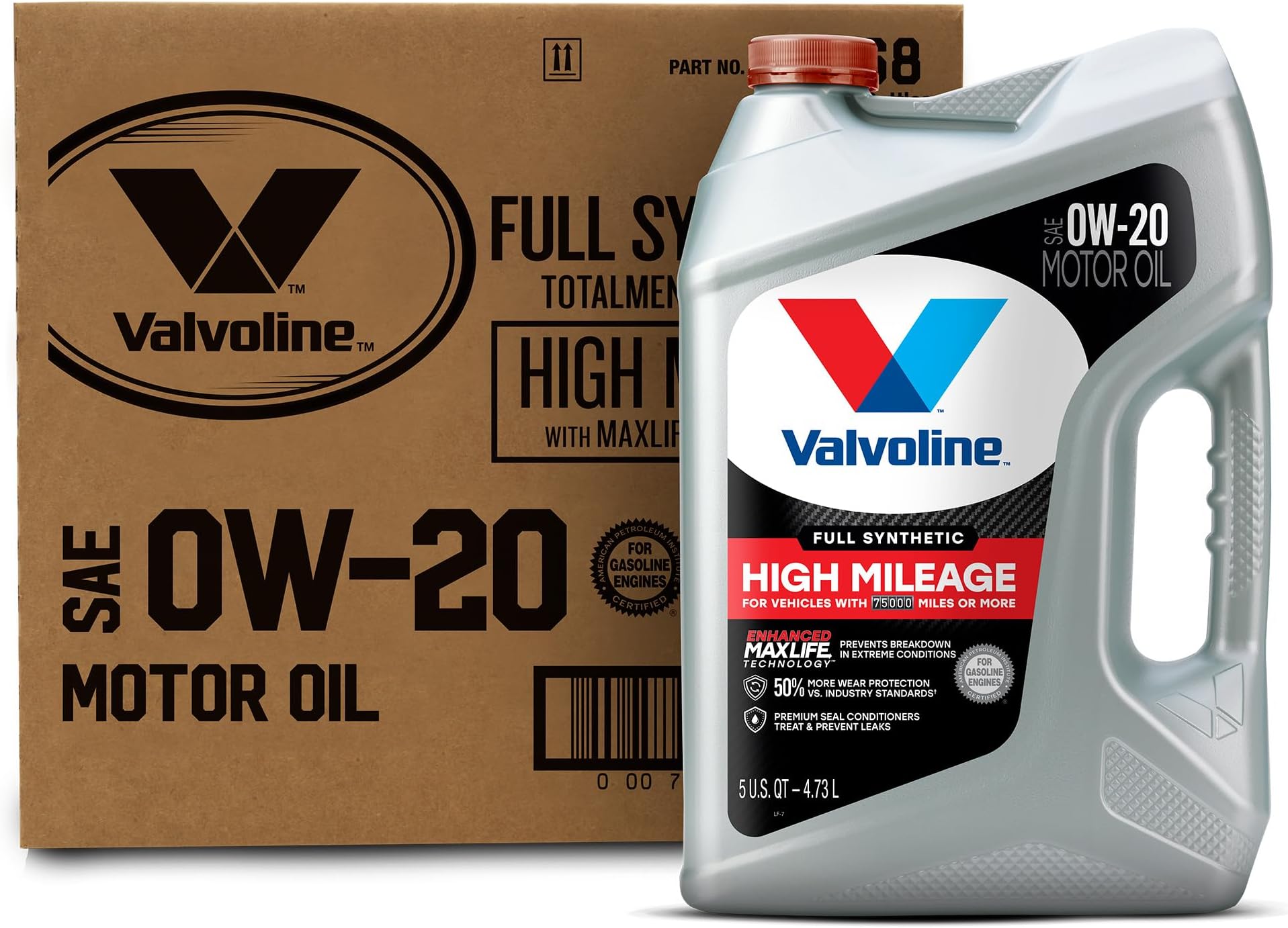 - Valvoline Full Synthetic High Mileage with MaxLife Technology SAE 0W-20 Motor Oil 5 QT, Case of 3