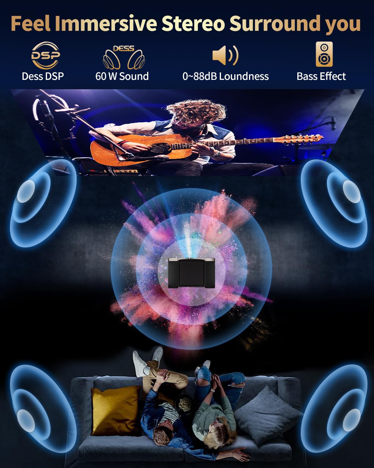 Som estéreo grande de 60 W e brilho de 2500] Projetor Dess com