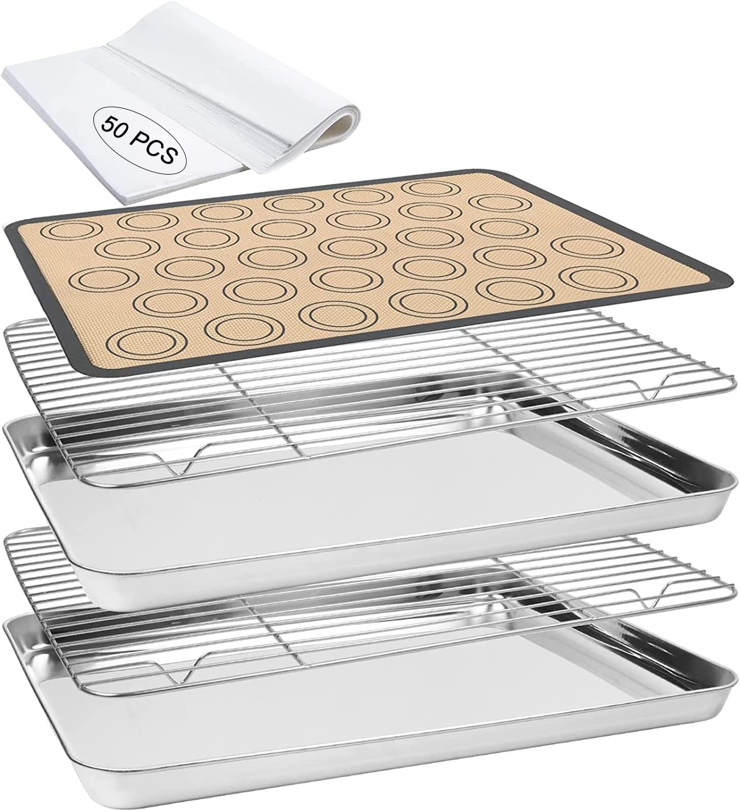KAMIDA Baking Sheet with Cooling Rack, Stainless Steel Cookie Sheet with Silicone Baking Mat, Nonstick Baking Pans Set for Oven (2 Sheets + 2 Racks + 1 Silicone Mats +50 Parchment Papers)