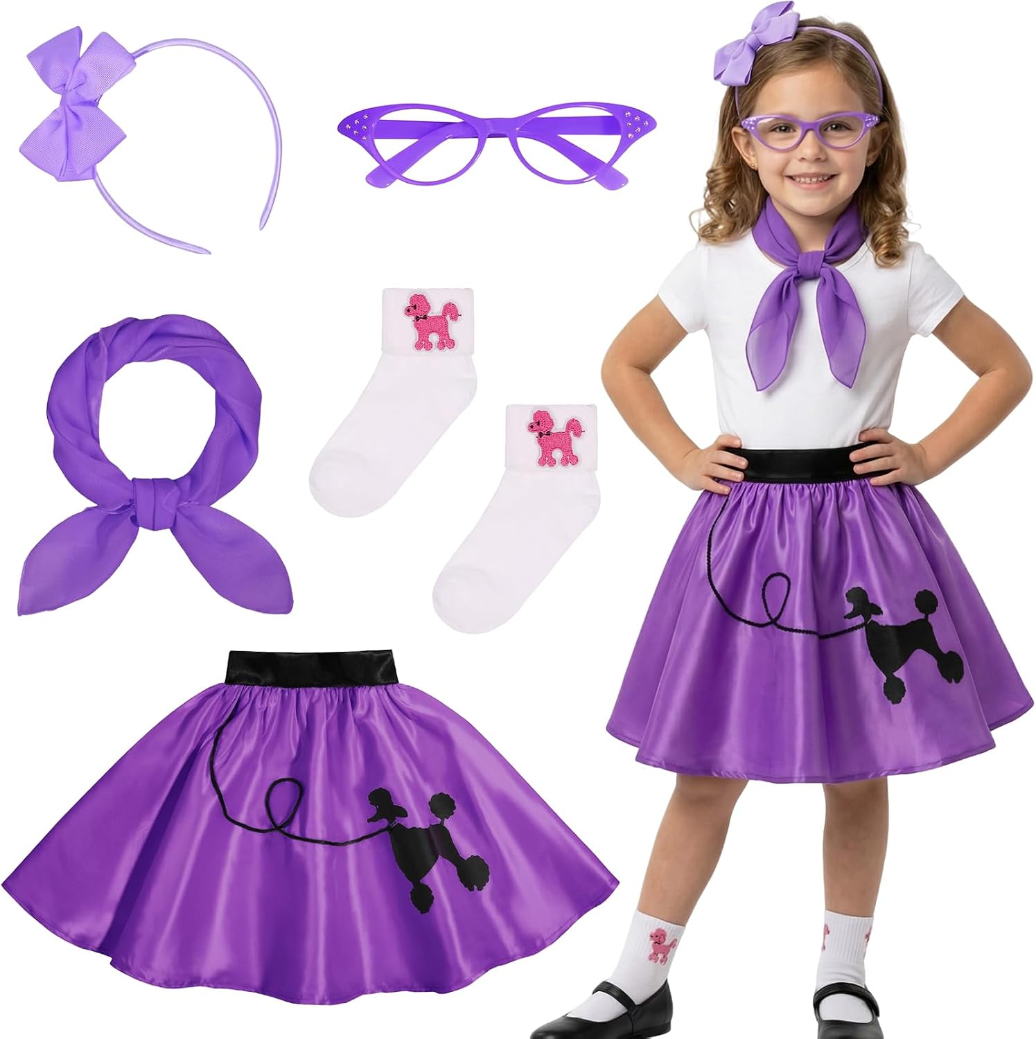 50s Costumes for Girls 1950s Pink Poodle Skirt Set with Eye Glasses Scarf Headband Socks for Kids Halloween Costume