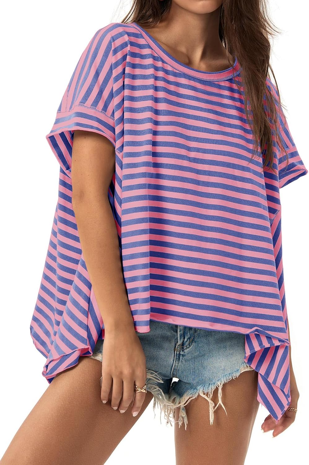 Tankaneo Womens Oversized Striped Tshirts Irregular Hem Batwing Short Sleeve Tops Summer Casual Round Neck Tee Shirts - Image 4