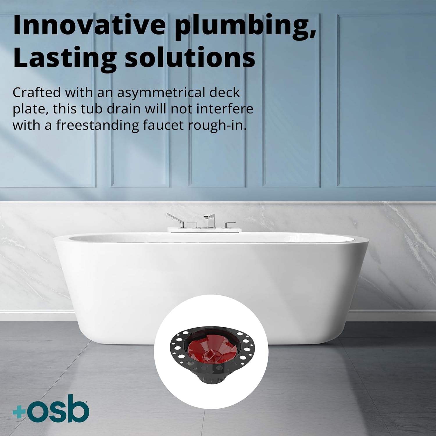 OS&B ITD35 - Two Piece ABS Pipe Freestanding Tub Drain Kit & Rough-In - Easy Installation, Asymmetrical Deck Plate, Water, Air, & Smoke Testable - Designed for 8"/10" Joist Spaces & Tight Bathrooms