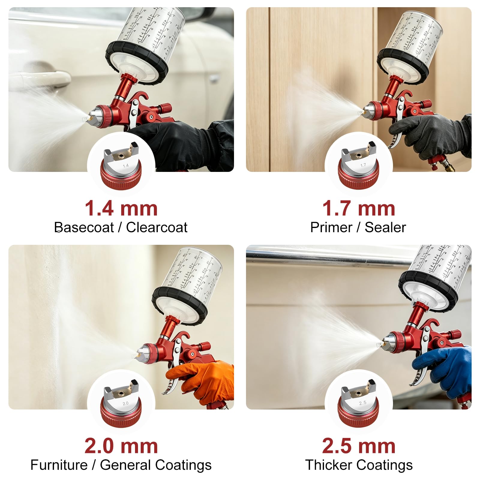 HVLP Pistolet de pulvérisation avec gobelet de mélange de 650 ml et 10 gobelets jetables, buses de 1,4/1,7/2,0/2,5 mm pour peinture domestique, voitures, meubles, clôtures, vernis et vernis de