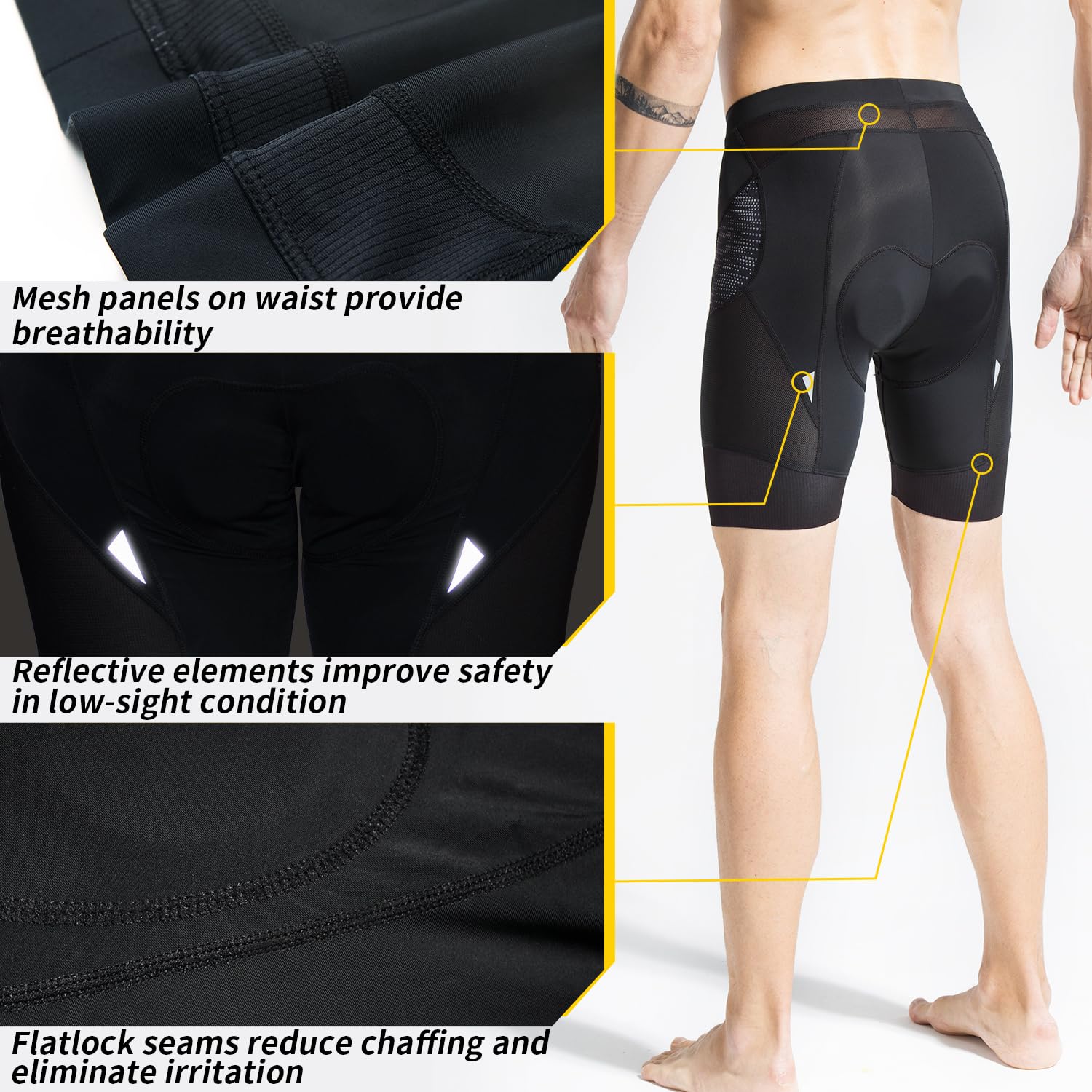 Souke Sports, pantaloncini da ciclismo da uomo, con imbottitura 4D, traspiranti, ad asciugatura rapida, Uomo, Tutti i nero., XL