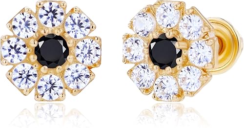 Aretes de oro macizo de 14 quilates con piedra natal natural de 0.236 in para mujer, piedra natal de 0.079 pulgadas, redondos, pavimentados, creados