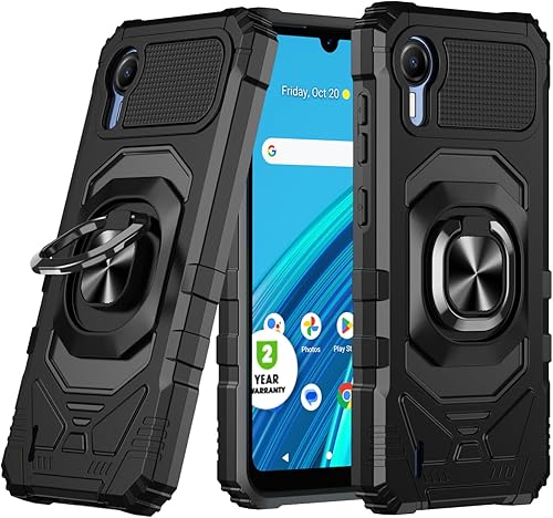 Miniatura 1 de 6goodeals Funda para Cricket Debut S2, Calypso 4, con protector de pantalla de vidrio templado y cubierta de soporte de anillo de metal (negro)