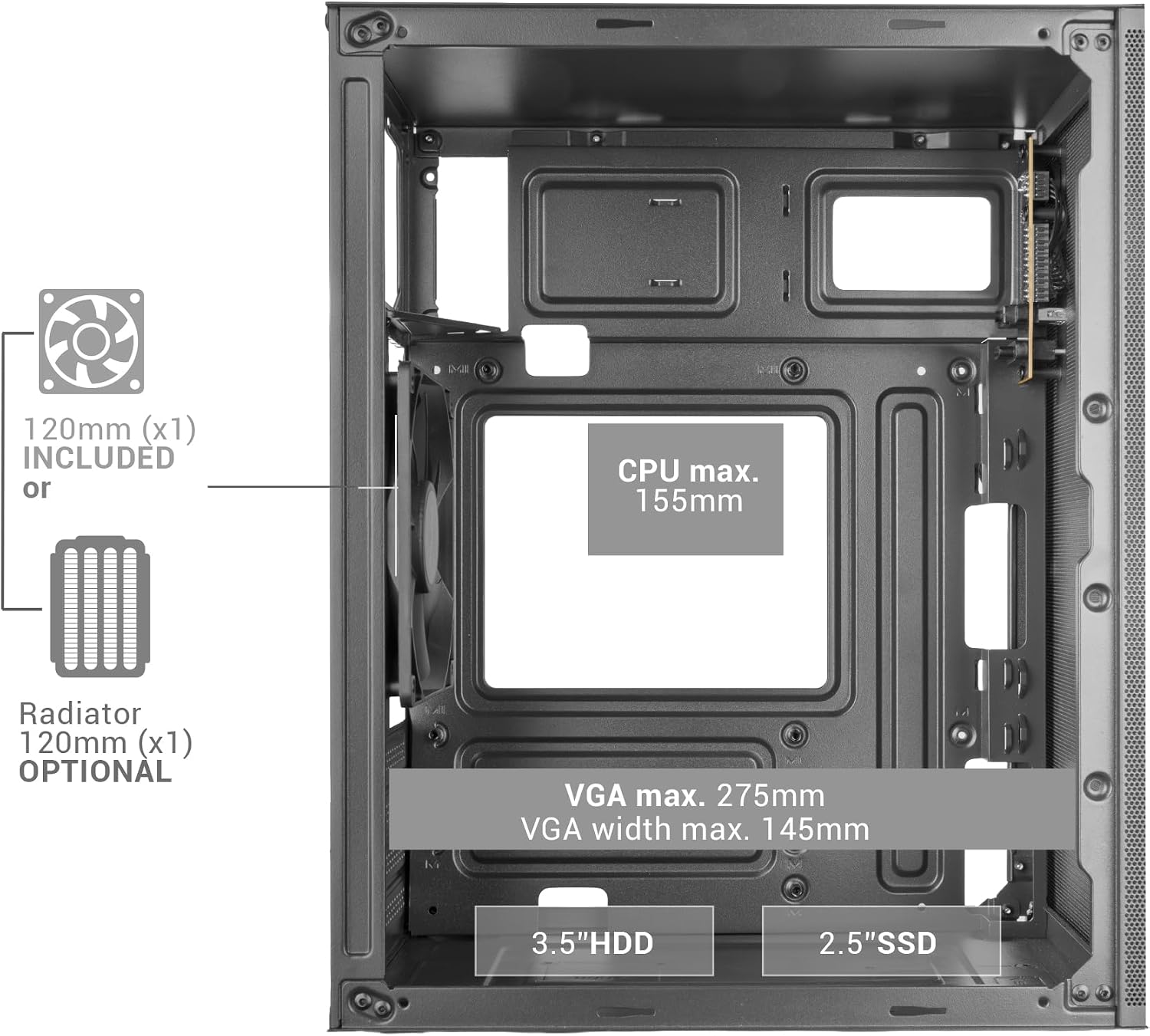 Mars Gaming MC-MESHPRO, MicroATX and Mini-ITX PC Case, AirMesh Pro System, Japanese Steel Mesh Panels, 120mm PWM FDB Rear Fan, Support for Liquid Cooling up to 120mm USB-C, Black image 4