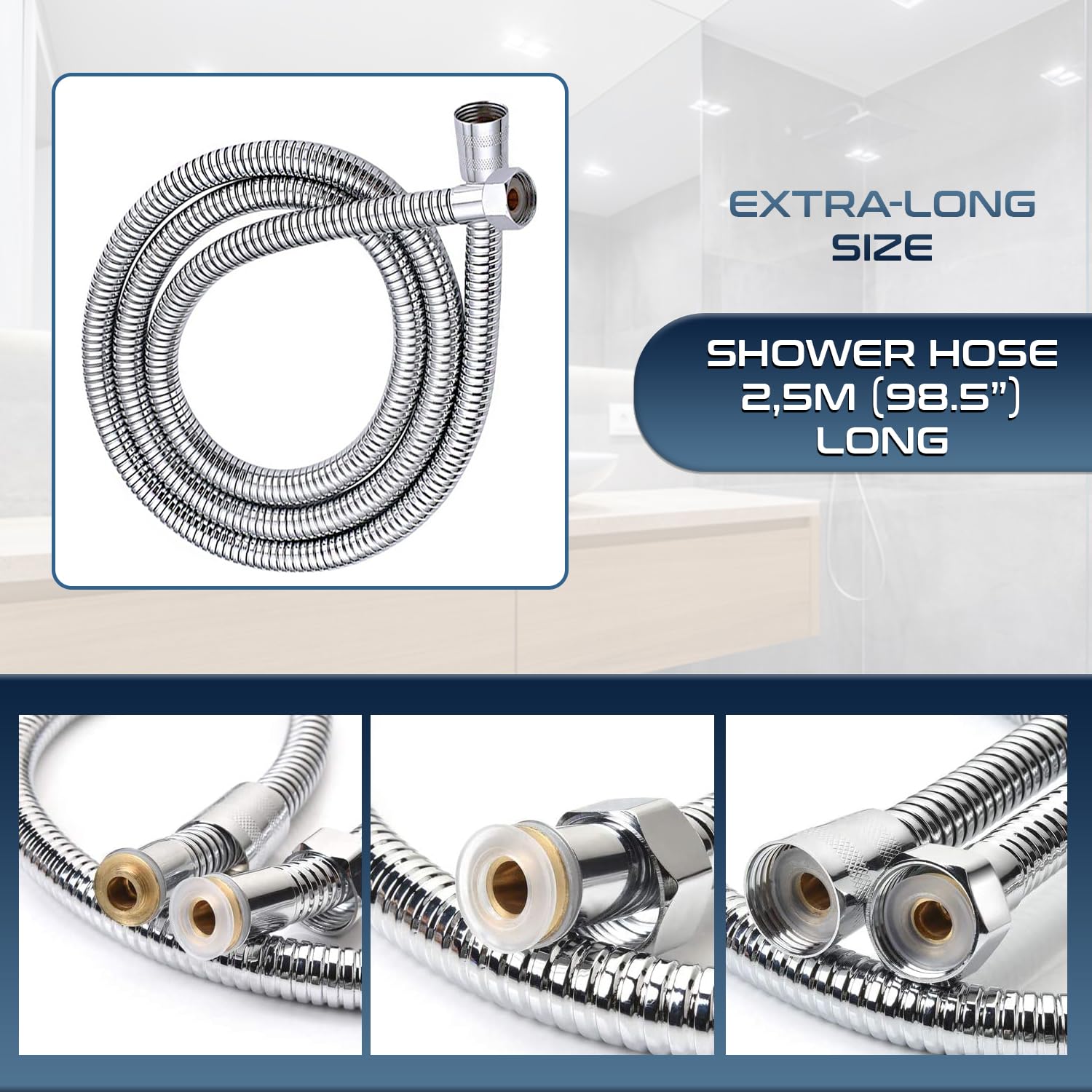 Tubo Doccia 250 cm Acciaio Inox Universale Antitorsione Flessibile 2.5 Metri con Connettori in Ottone e Guarnizioni Integrate
