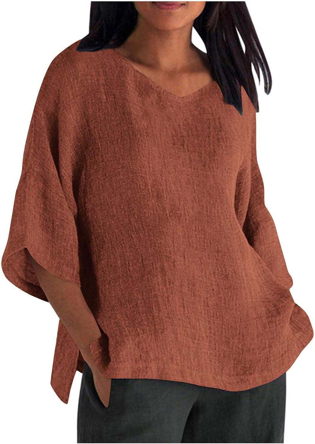 Linen Shirts for Women 3/4 Sleeve Crew Neck Casual Blouse Summer Boho Solid Color Loose Beach Vacation Tees Tops