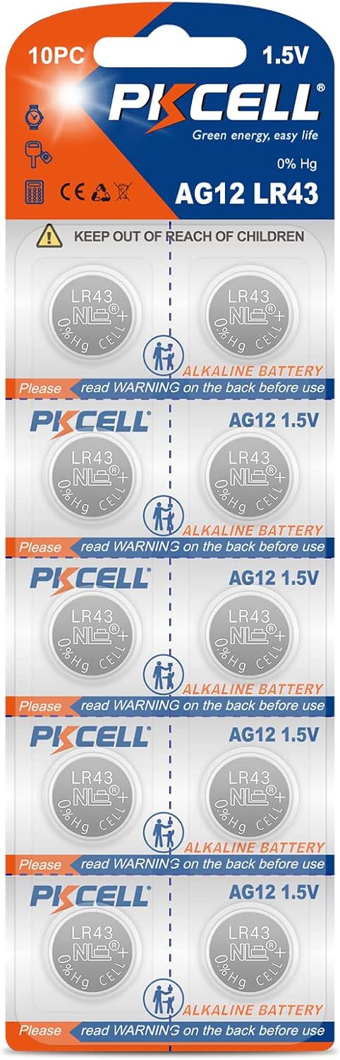 PKCELL 386 LR43 SR43SW AG12 1.5V Alkaline Watch Battery for Thermometer 10 Counts