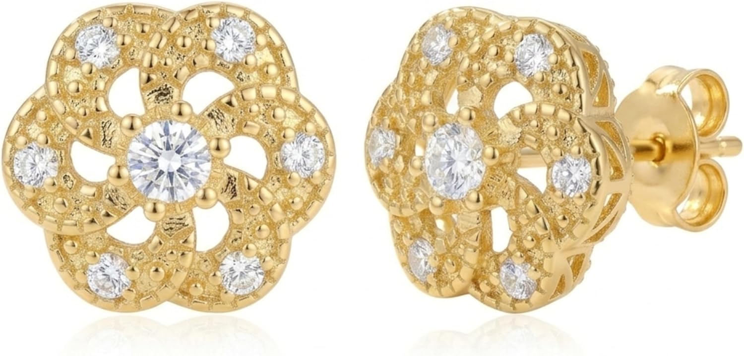 14k Gold Stud Earrings for Women, Flower Design Yellow Gold Womens Studs Earring with Cubic Zirconia CZ Push Back Finding, 8mm / 10mm