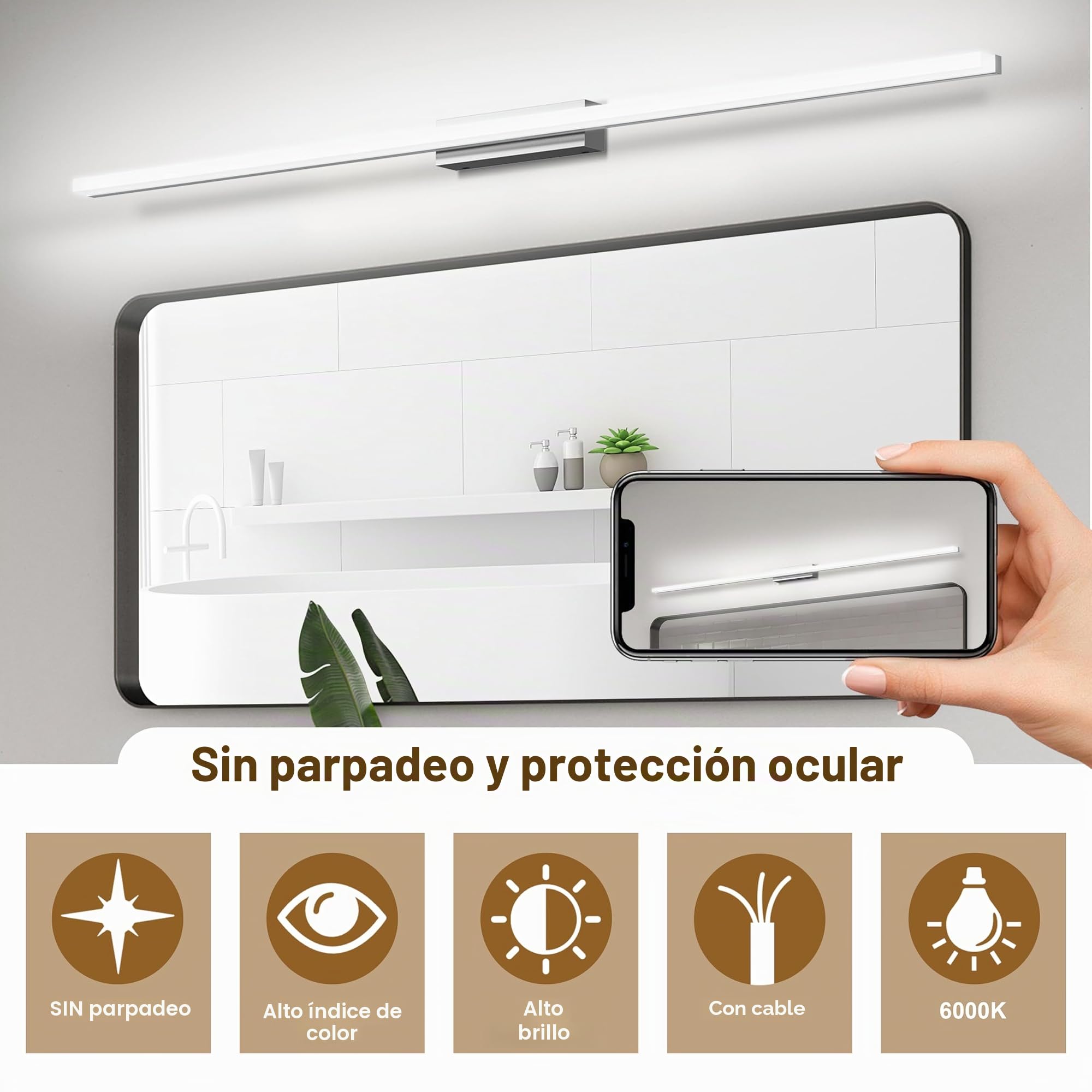 Aplique Espejo Baño LED 120cm/24W IP44 Blanco Frío 6000K Luz Espejo Baño | Base De Acero Inoxidable, Pantalla Acrílica, CRI>85, Driver LED Estable, Sin Parpadeo, Diseño Moderno Lámpara Espejo Baño