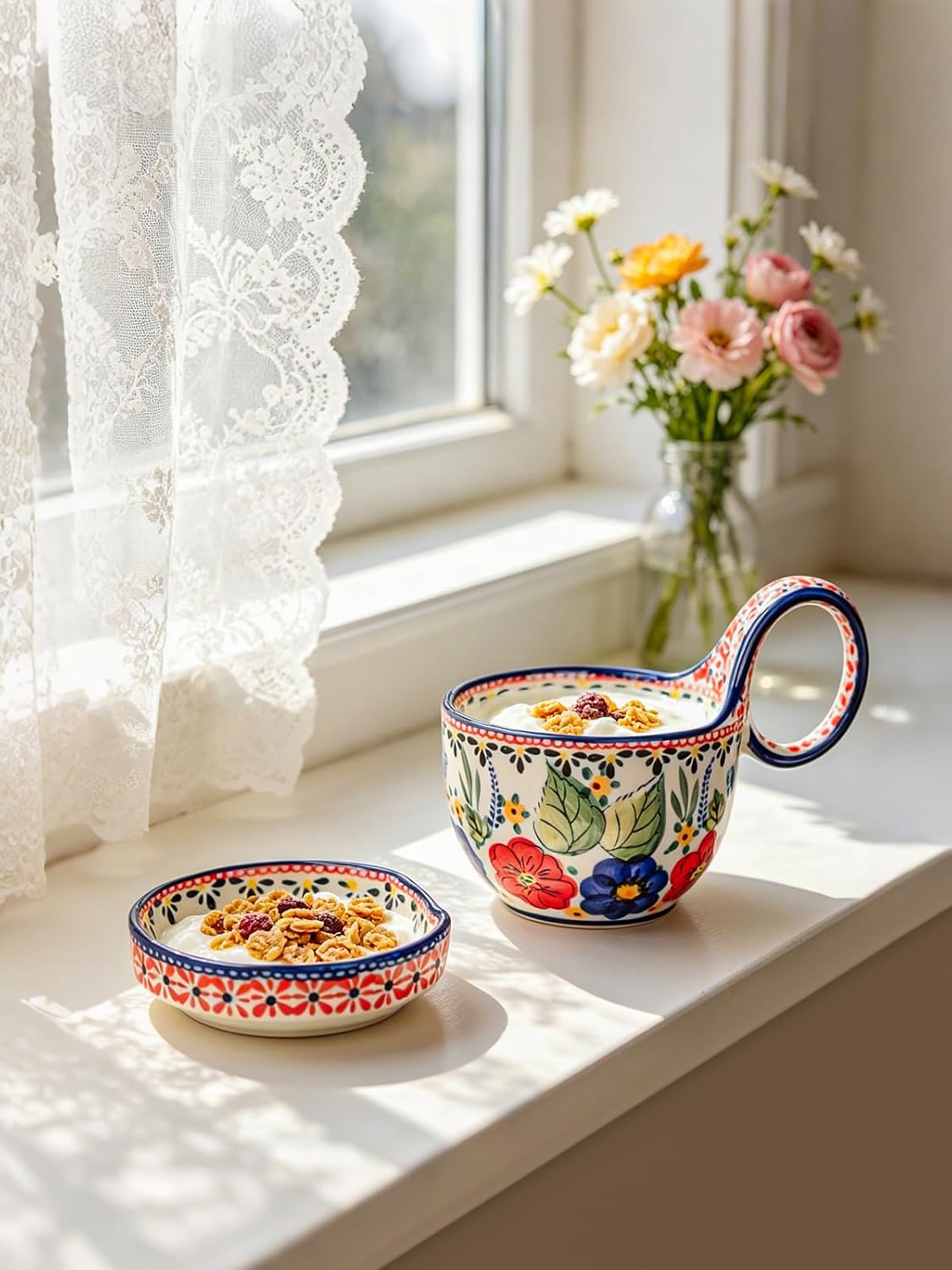 16 OZ Handmade Polish Style Soup Mug Bowl with Saucer Lid, Polish Garden