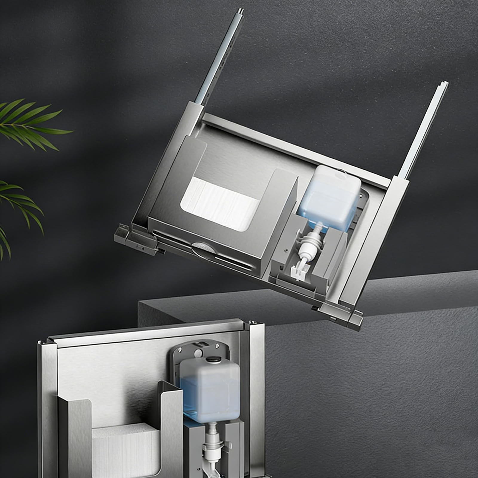 Dispenser automatico di sapone con scatola di fazzoletti nascosta, in acciaio inox 304, design salvaspazio per rinnovamento bagno e hotel