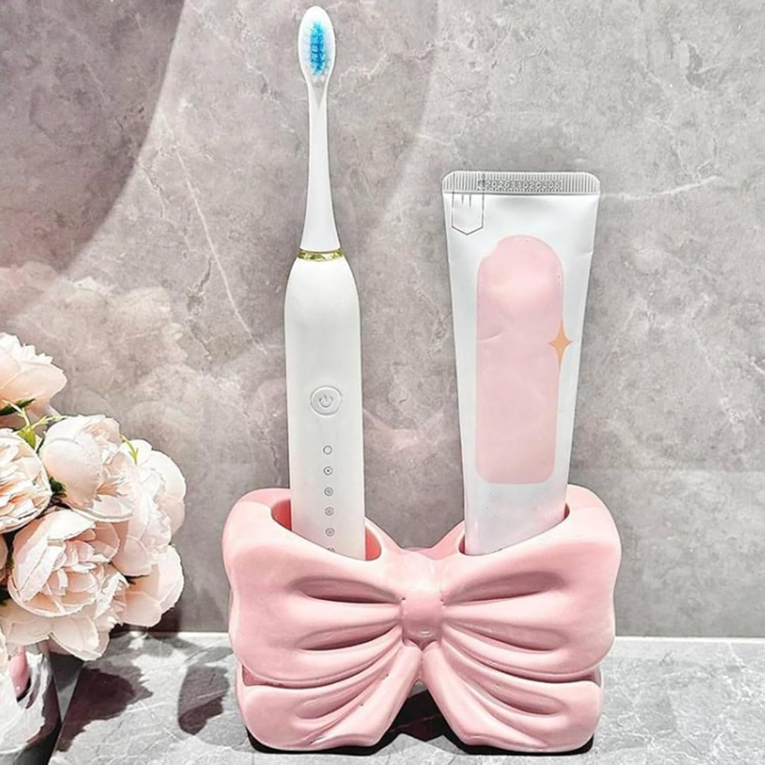 Bow Toothbrush Holder, Cute Ceramic Toothbrush Holder, Bow Personalized Decoration, Ceramic Bow Shaped Toothbrush Holders, Bathroom Countertop Accessories, for Bathroom Home(Pink)