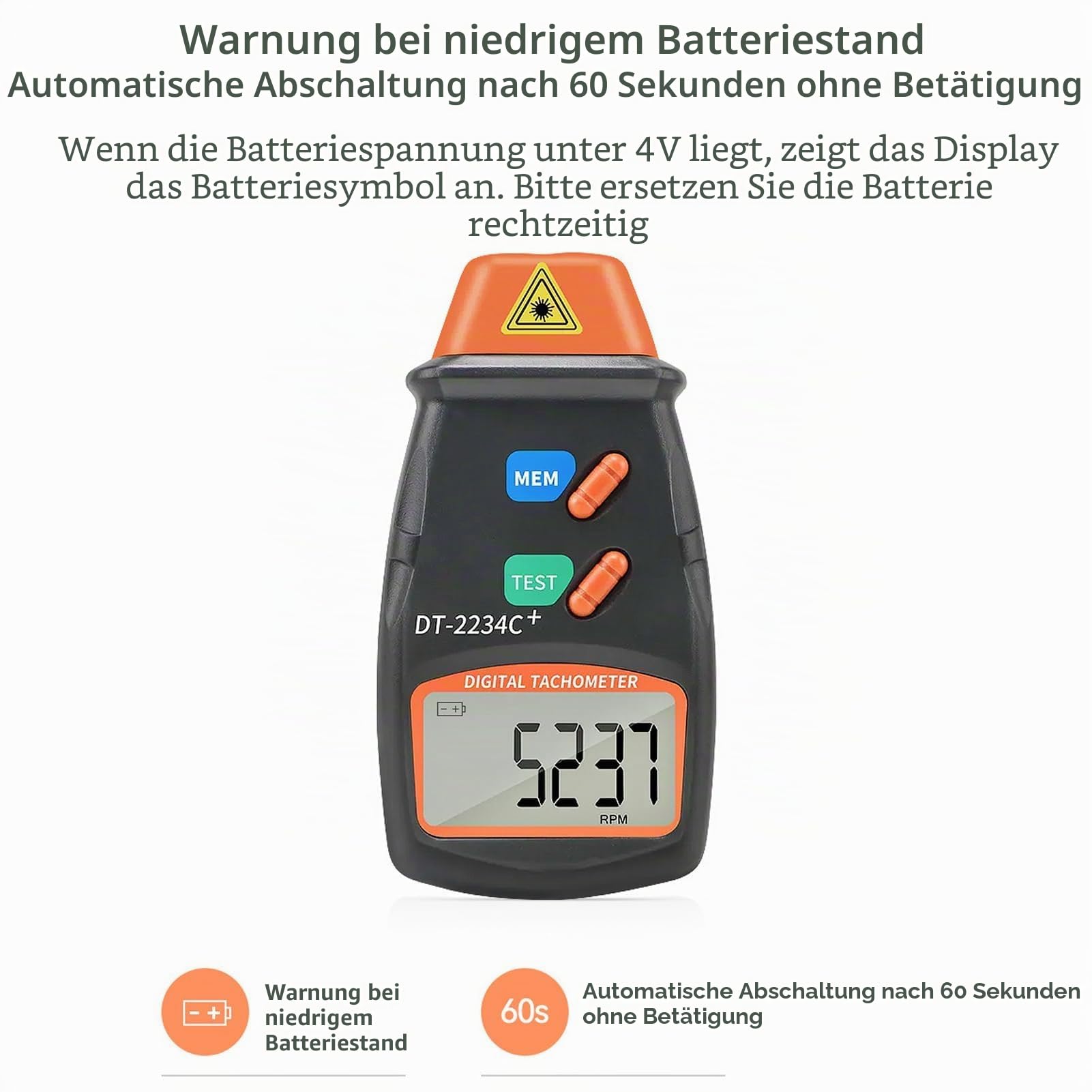 Fototachometer DT2234C Digital Tachometer Berührungsloser Tragbarer mit LCD Display Drehzahlbereich 2,5 bis 99.999 U/min