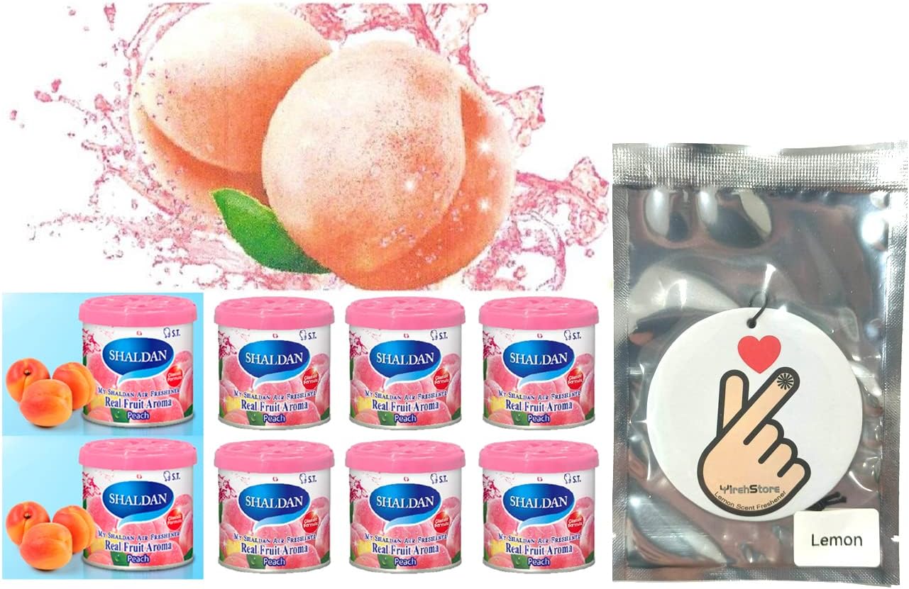 My Shaldan Air Freshener V8 - Peach x8 cans Real Fruit Aroma by ST. Corporation, Japan, Original Classic Formula, and YirehStore Finger Heart Lemon Scent