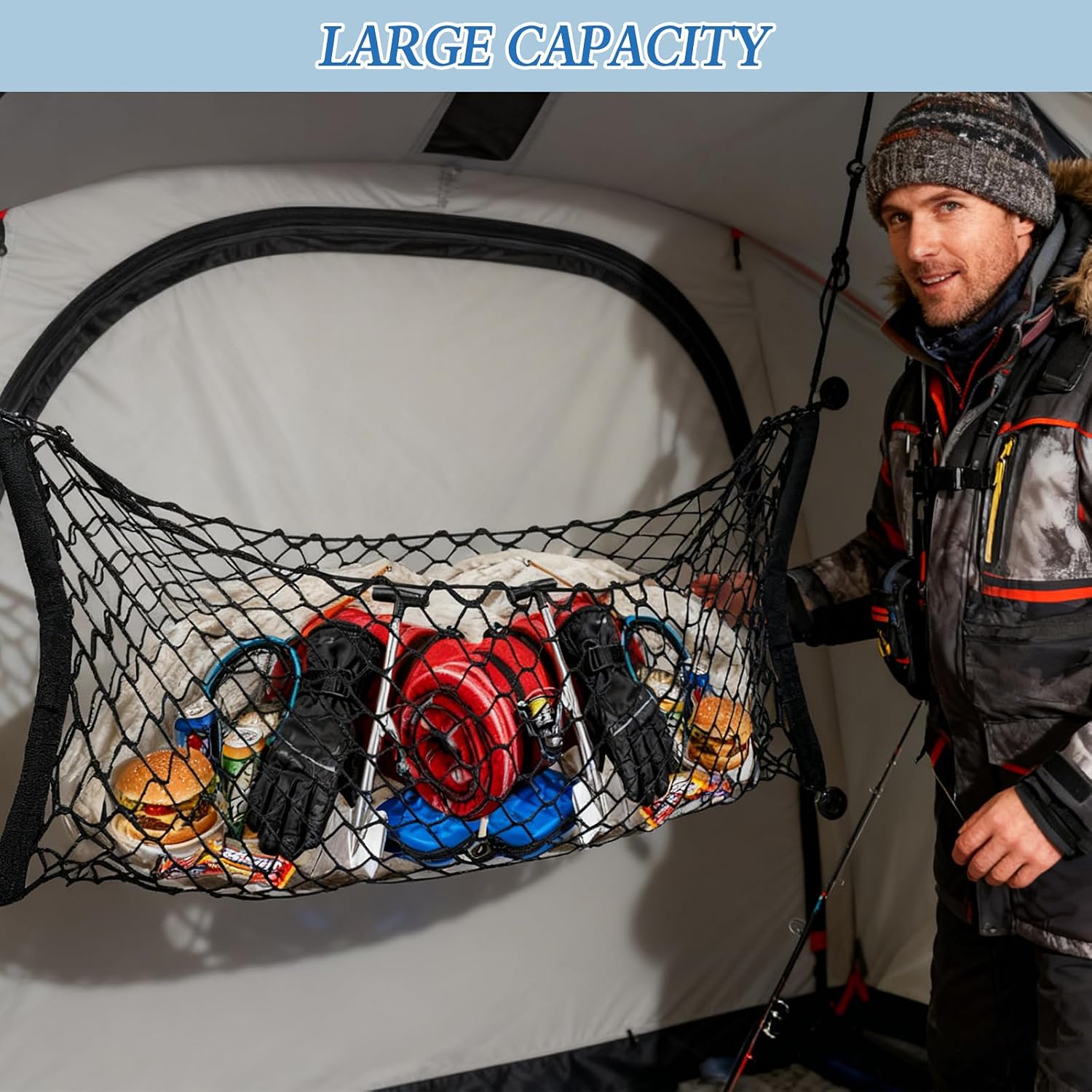 2 Pcs Ice Fishing Tent Cargo Net, 39.4" X15.7" Expandable Nylon Storage Organizer with Hanging Hooks, Black Cargo Net Storage Pouch for Shelter Organization image 5
